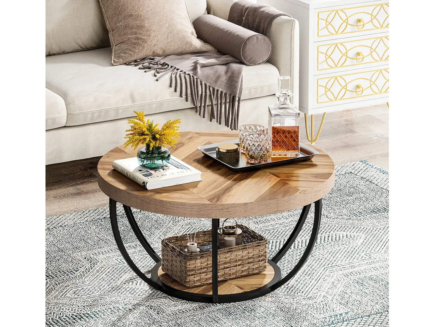 Mesa de cóctel redonda industrial y moderna de dos niveles con estantes, mesa auxiliar circular para sofá con patas de metal