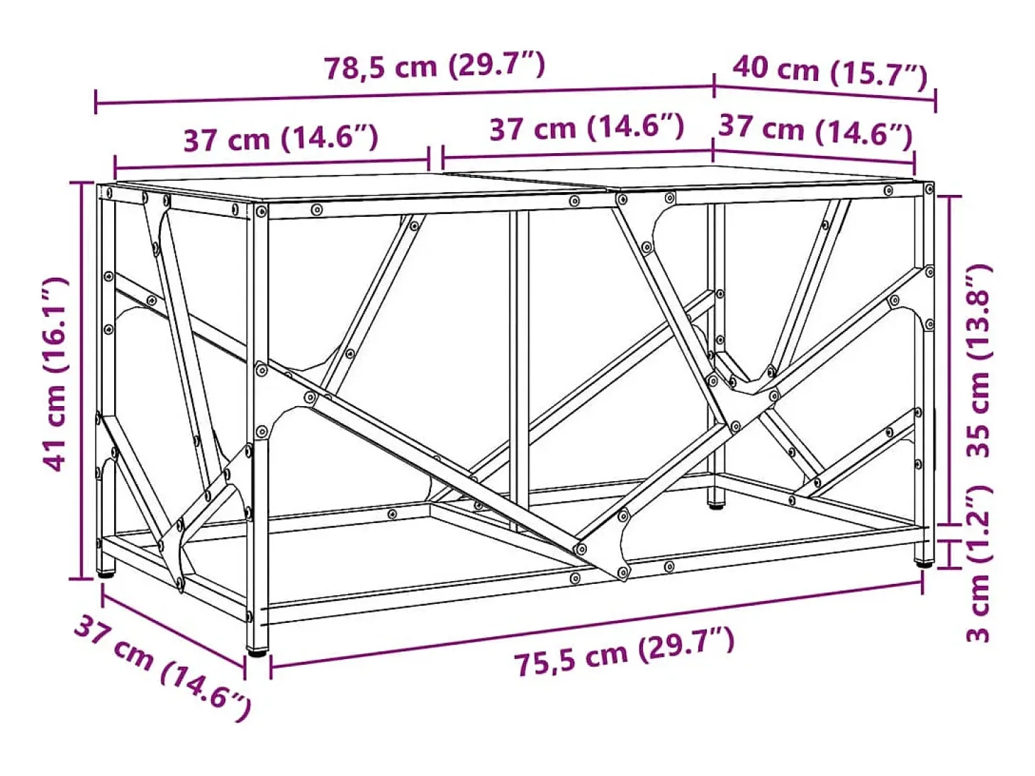 Mesa de centro acero superficie de vidrio negra 78,5x40x41cm