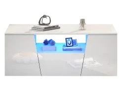 Mesa de centro alto brillo 100×50×40 cm - con iluminación LED - 2 puertas y 1 cajón - blanco