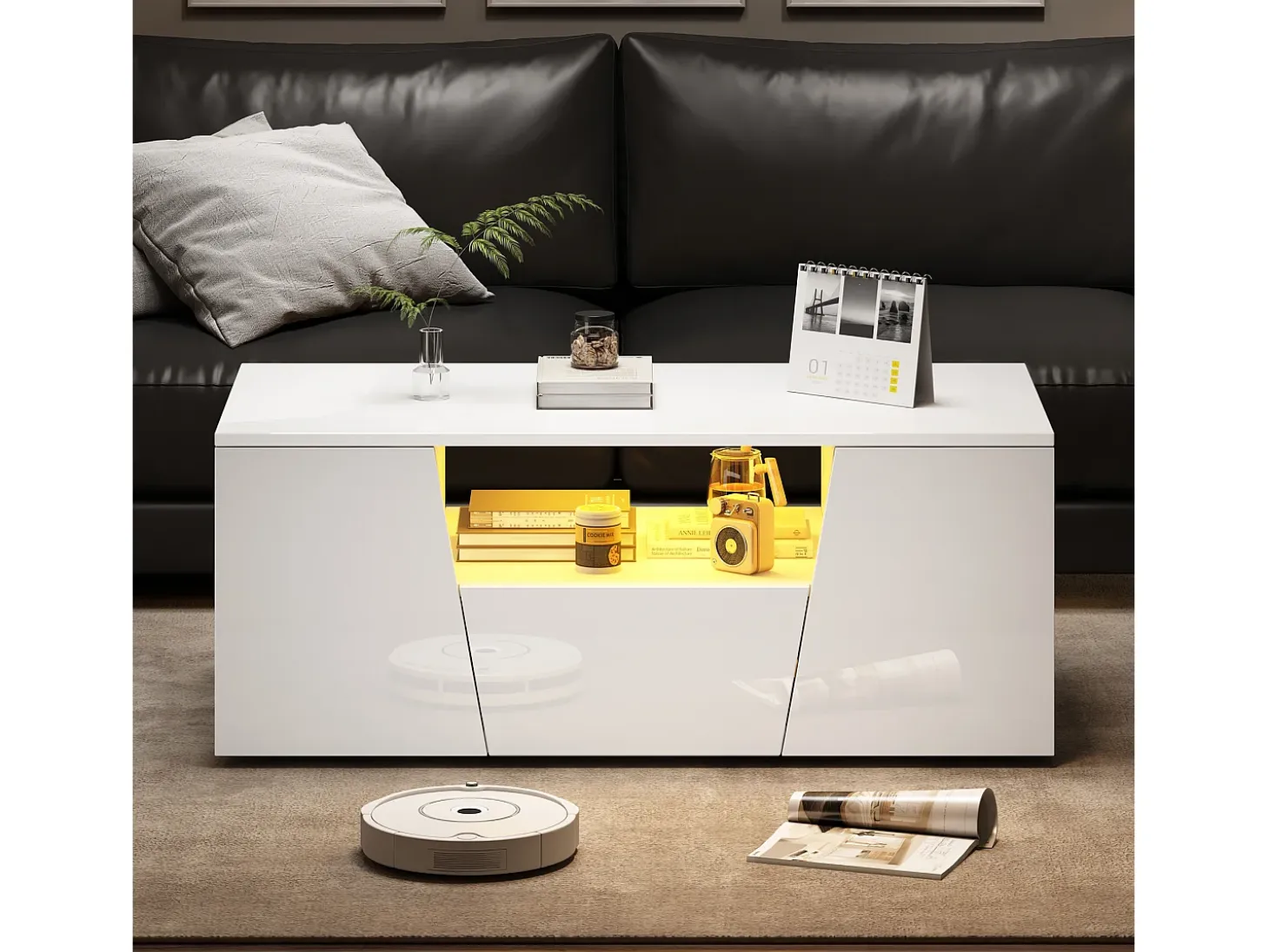 Mesa de centro alto brillo 100×50×40 cm - con iluminación LED - 2 puertas y 1 cajón - blanco