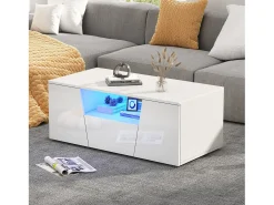 Mesa de centro alto brillo 100×50×40 cm - con iluminación LED - 2 puertas y 1 cajón - blanco