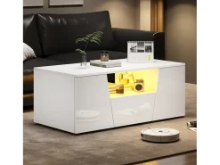 Mesa de centro alto brillo 100×50×40 cm - con iluminación LED - 2 puertas y 1 cajón - blanco