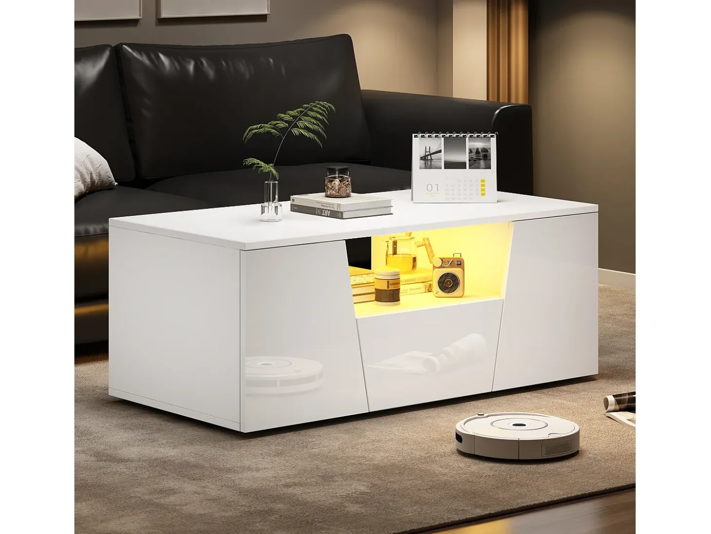 Mesa de centro alto brillo 100×50×40 cm - con iluminación LED - 2 puertas y 1 cajón - blanco
