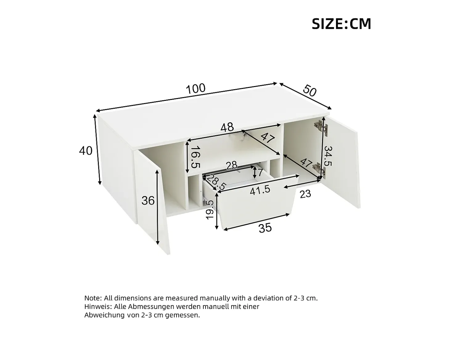 Mesa de centro alto brillo 100×50×40 cm - con iluminación LED - 2 puertas y 1 cajón - blanco