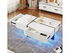 Mesa de centro blanca brillante, mesa de salón, tablero de mármol con LED, 100 x 50 x 34,5 cm