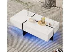 Mesa de centro blanca brillante, mesa de salón, tablero de mármol con LED, 100 x 50 x 34,5 cm