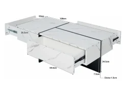 Mesa de centro blanca brillante, mesa de salón, tablero de mármol con LED, 100 x 50 x 34,5 cm