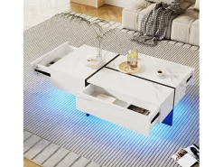 Mesa de centro blanca brillante, mesa de salón, tablero de mármol con LED, 100 x 50 x 34,5 cm