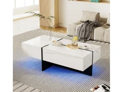 Mesa de centro blanca brillante, mesa de salón, tablero de mármol con LED, 100 x 50 x 34,5 cm