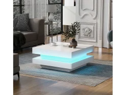 Mesa de centro blanca, cuadrada con iluminación LED, diseño moderno - para salón y oficina