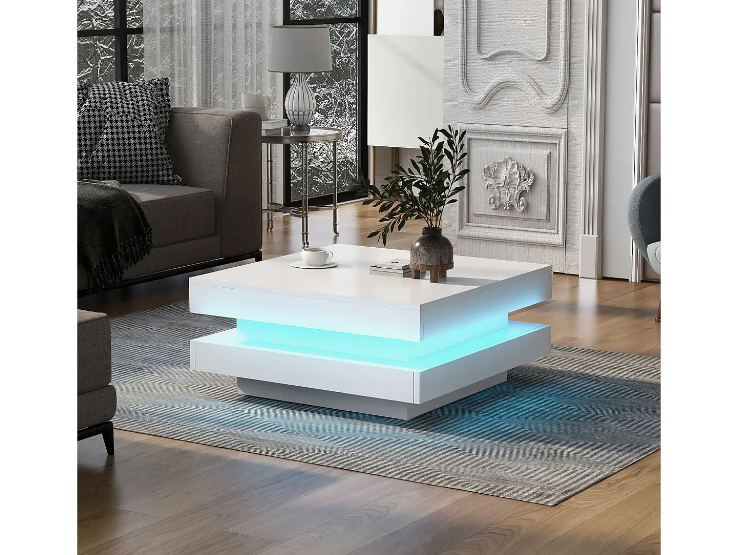 Mesa de centro blanca, cuadrada con iluminación LED, diseño moderno - para salón y oficina