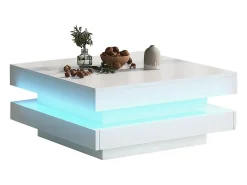 Mesa de centro blanca, cuadrada con iluminación LED, diseño moderno - para salón y oficina