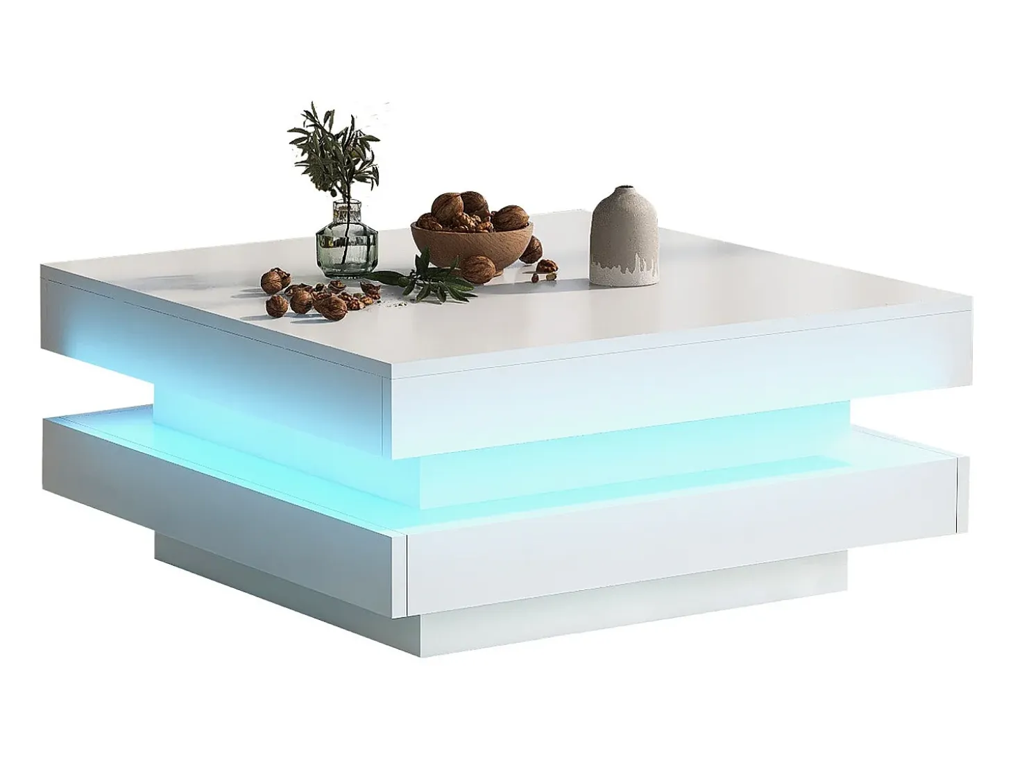 Mesa de centro blanca, cuadrada con iluminación LED, diseño moderno - para salón y oficina