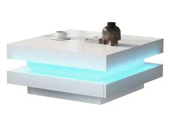 Mesa de centro blanca, cuadrada con iluminación LED, diseño moderno - para salón y oficina
