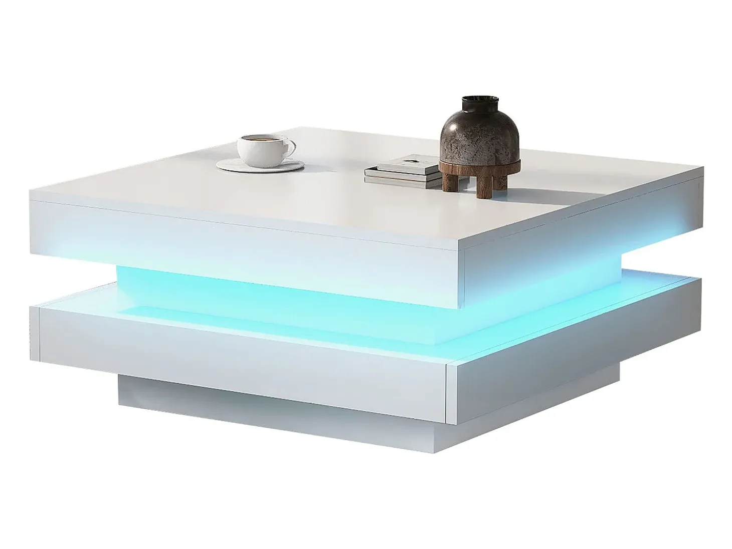 Mesa de centro blanca, cuadrada con iluminación LED, diseño moderno - para salón y oficina