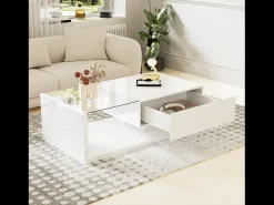 Mesa de centro brillante - 105 x 55 x 32,5 cm - Mesas auxiliares con cristal + LED + 1 cajón - aglomerado - blanco