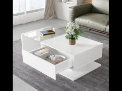 Mesa de centro brillante - 105 x 55 x 32,5 cm - Mesas auxiliares con cristal + LED + 1 cajón - aglomerado - blanco