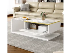 Mesa de centro brillante - 100 x 50 x 32,5 cm - con cristal + efecto LED + espacio de almacenamiento - aglomerado - blanco