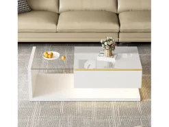 Mesa de centro brillante - 100 x 50 x 32,5 cm - con cristal + efecto LED + espacio de almacenamiento - aglomerado - blanco