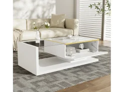 Mesa de centro brillante - 100 x 50 x 32,5 cm - con cristal + efecto LED + espacio de almacenamiento - aglomerado - blanco