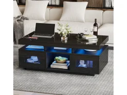 Mesa de centro brillante - 100 x 50 x 43 cm - con LED + 2 puertas + puerto de carga y enchufe - aglomerado - negro