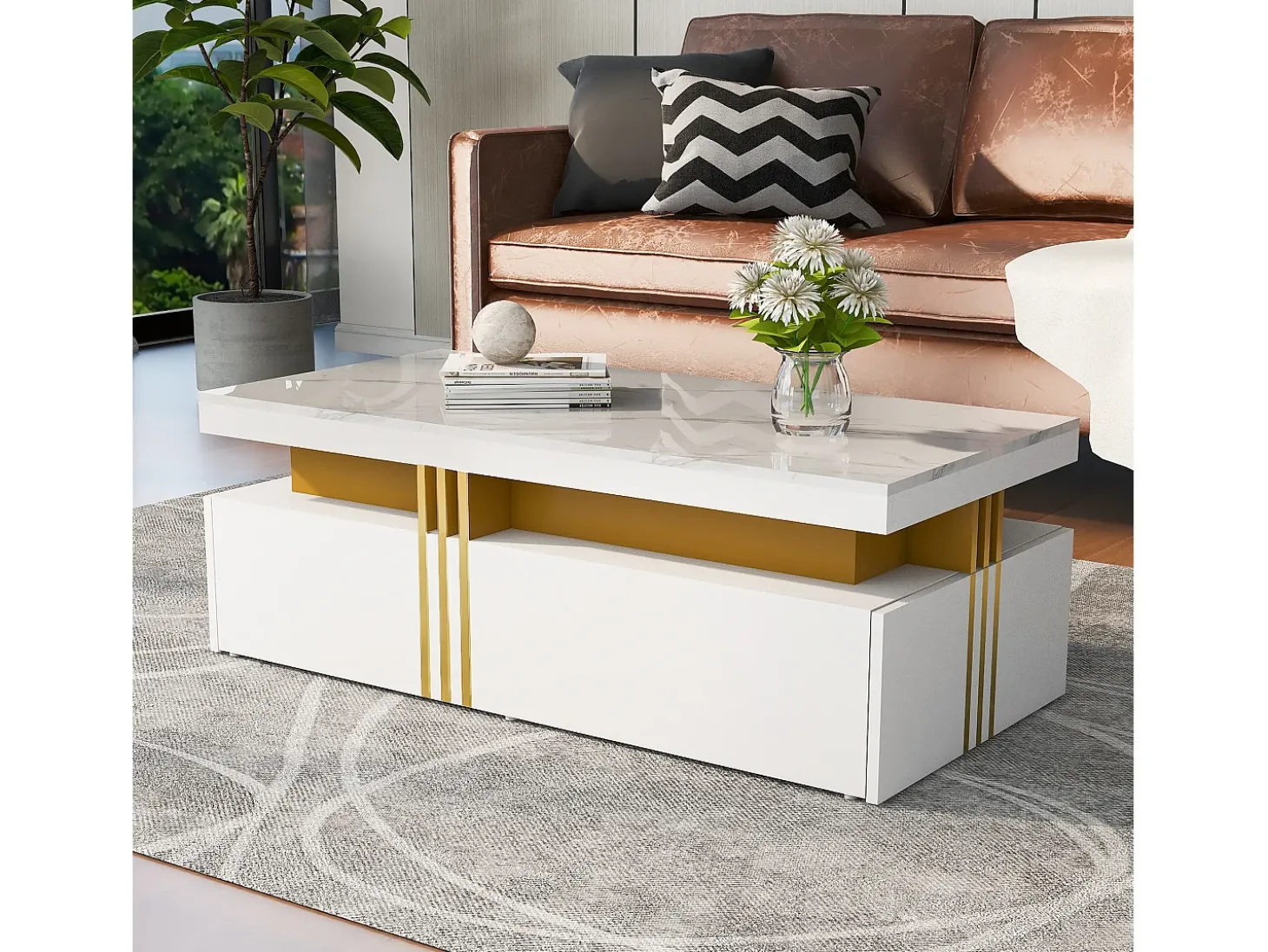 Mesa de centro con 2 cajones - tablero estampado de mármol - Estilo escandinavo - Blanco