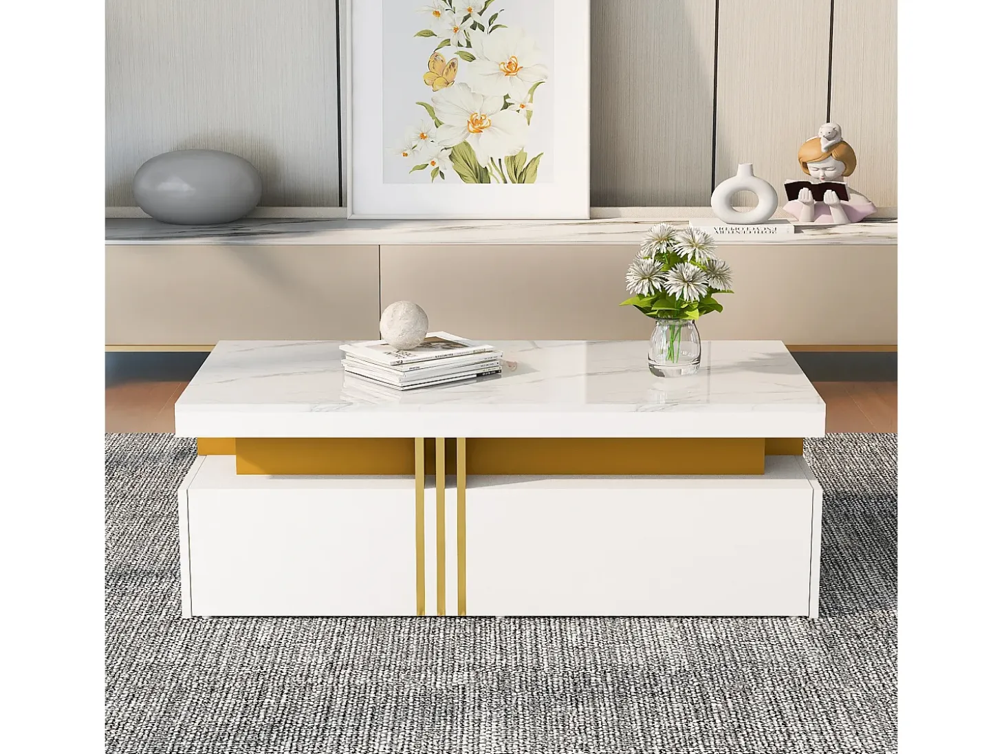 Mesa de centro con 2 cajones - tablero estampado de mármol - Estilo escandinavo - Blanco