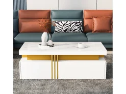 Mesa de centro con 2 cajones - tablero estampado de mármol - Estilo escandinavo - Blanco