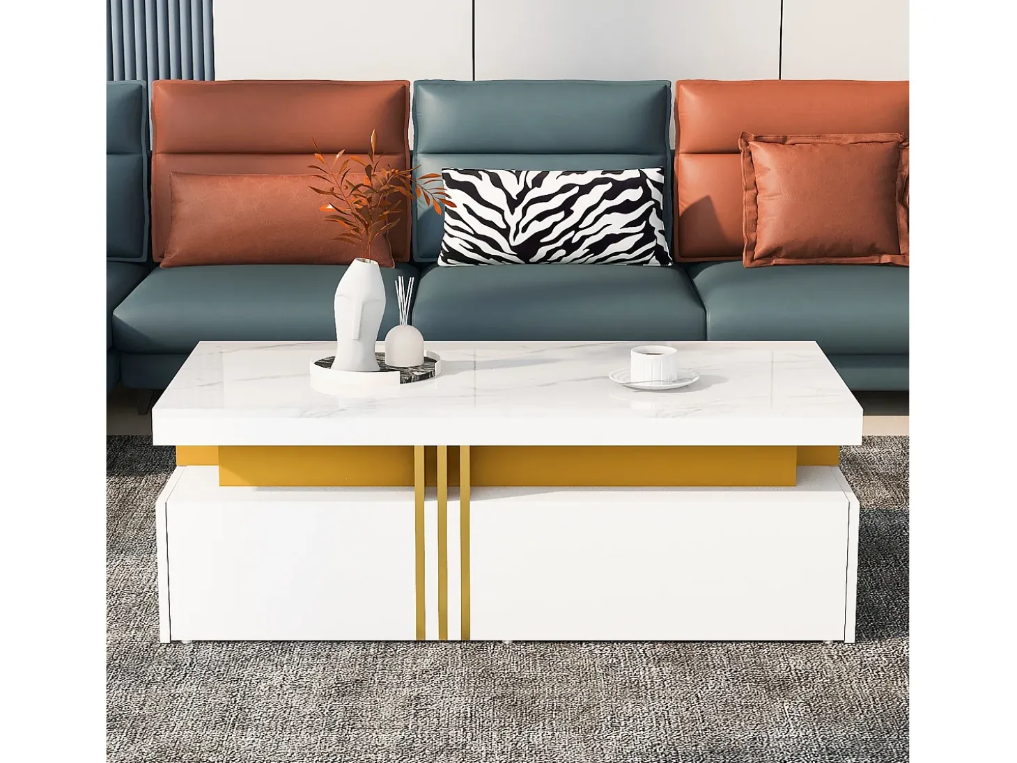 Mesa de centro con 2 cajones - tablero estampado de mármol - Estilo escandinavo - Blanco