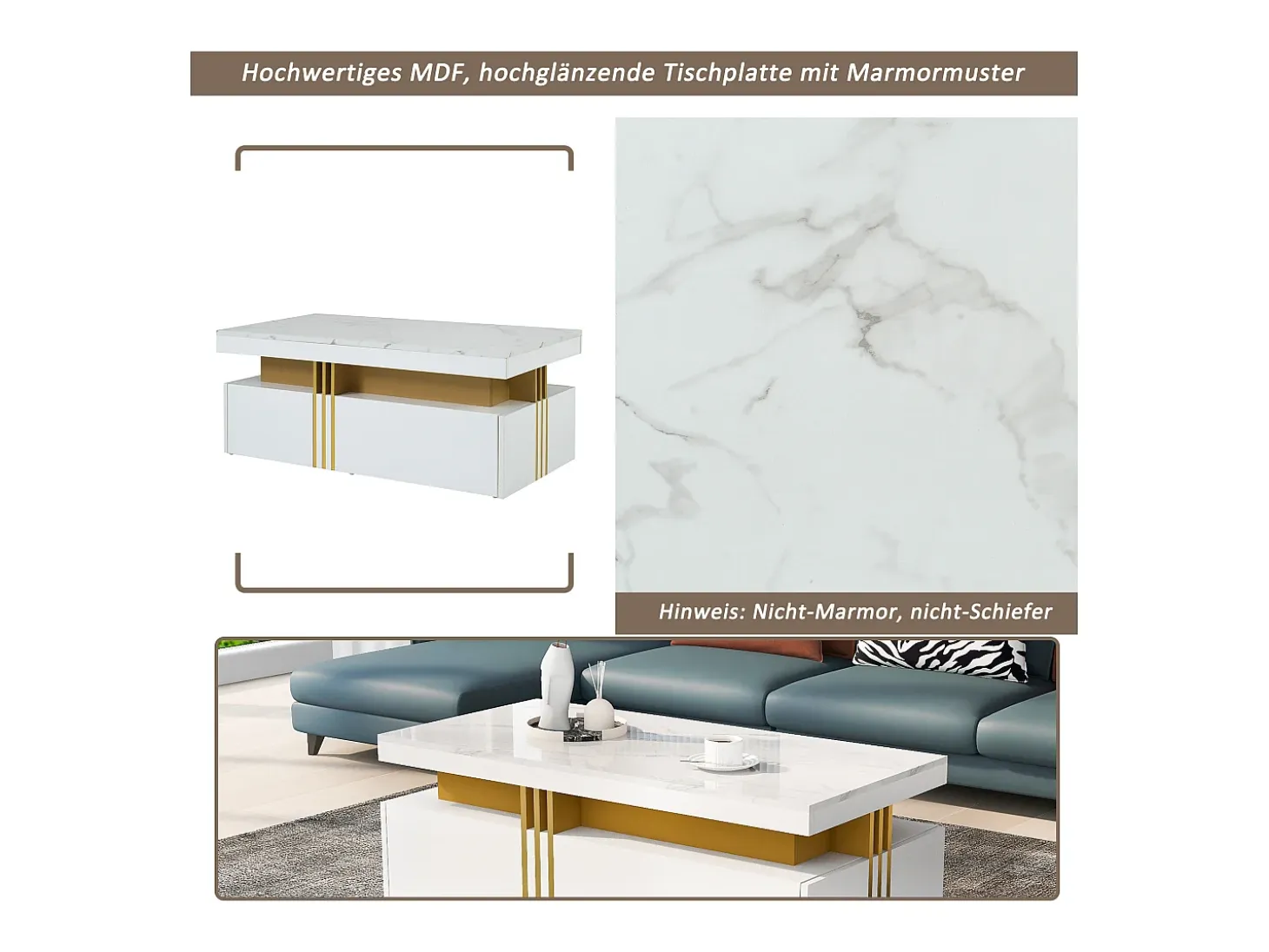 Mesa de centro con 2 cajones - tablero estampado de mármol - Estilo escandinavo - Blanco