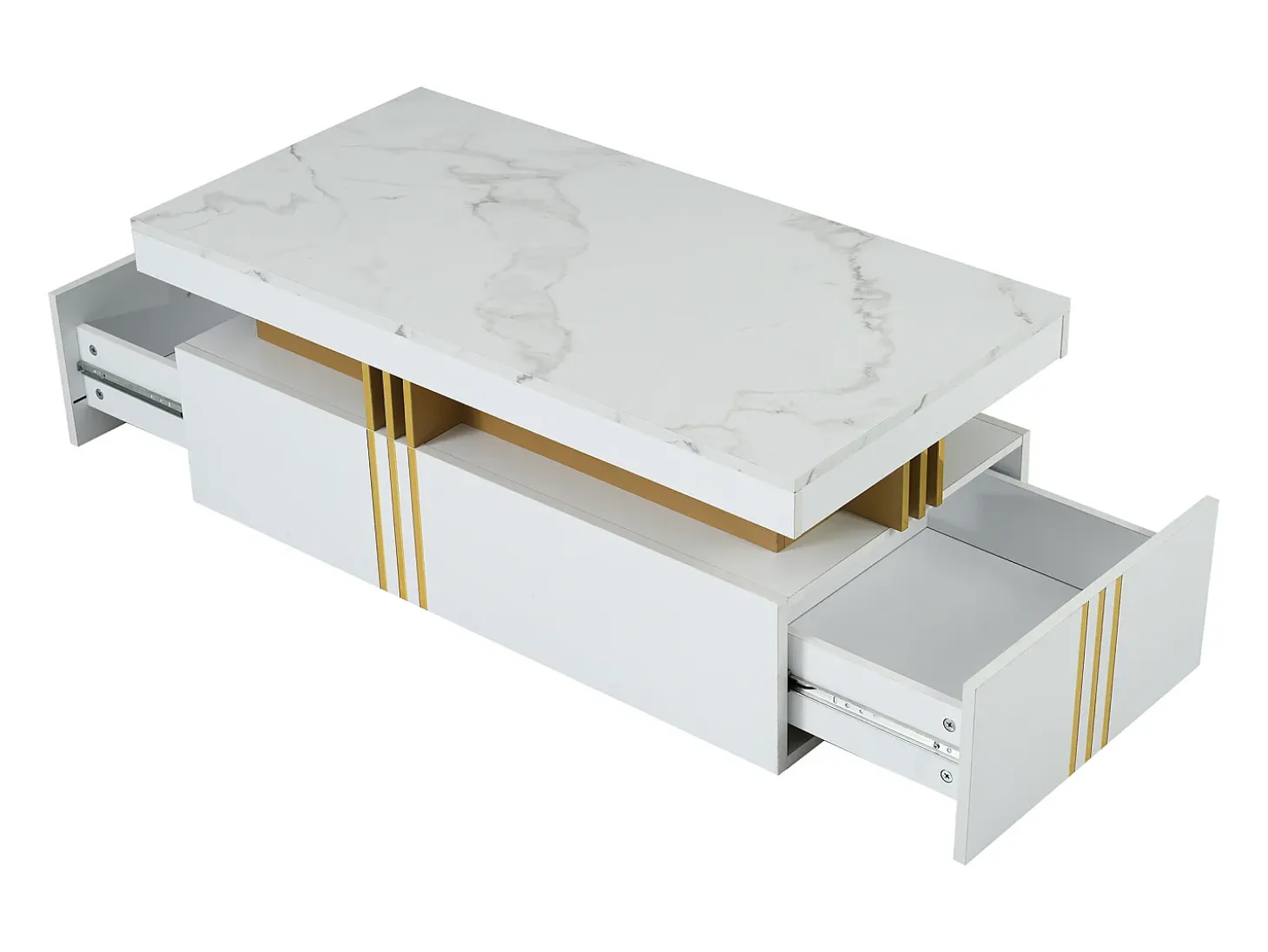 Mesa de centro con 2 cajones - tablero estampado de mármol - Estilo escandinavo - Blanco