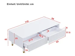 Mesa de centro con 2 cajones ondulados e iluminación LED - Blanco y dorado