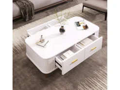 Mesa de centro con almacenaje, diseño moderno con esquinas redondeadas, MDF, blanco y dorado, 4 cajones (105 x 51 x 38 cm)