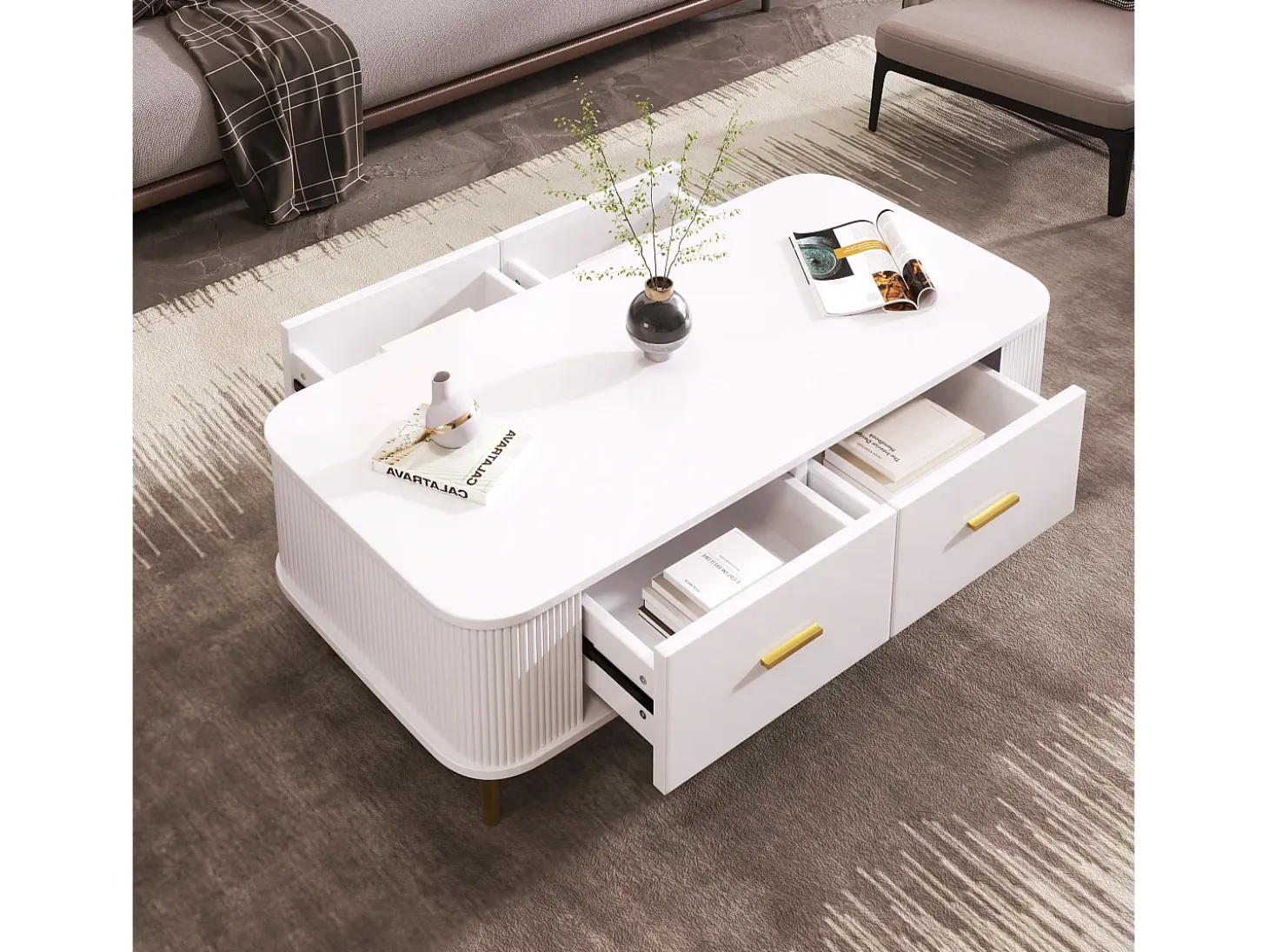 Mesa de centro con almacenaje, diseño moderno con esquinas redondeadas, MDF, blanco y dorado, 4 cajones (105 x 51 x 38 cm)