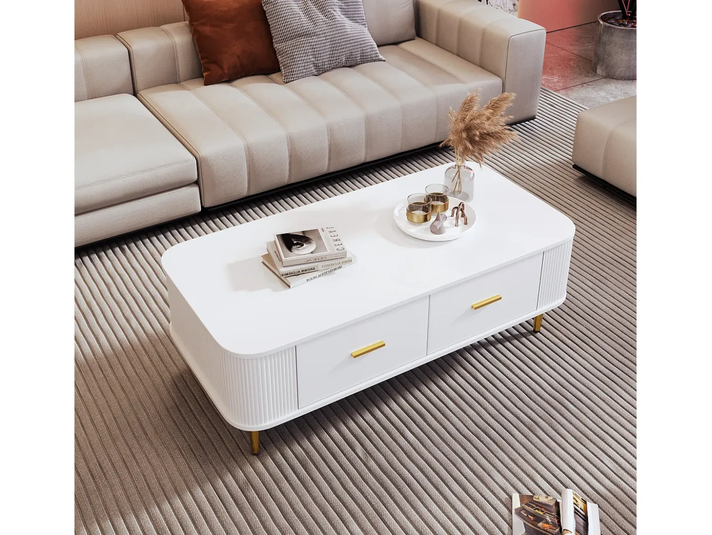 Mesa de centro con almacenaje, diseño moderno con esquinas redondeadas, MDF, blanco y dorado, 4 cajones (105 x 51 x 38 cm)