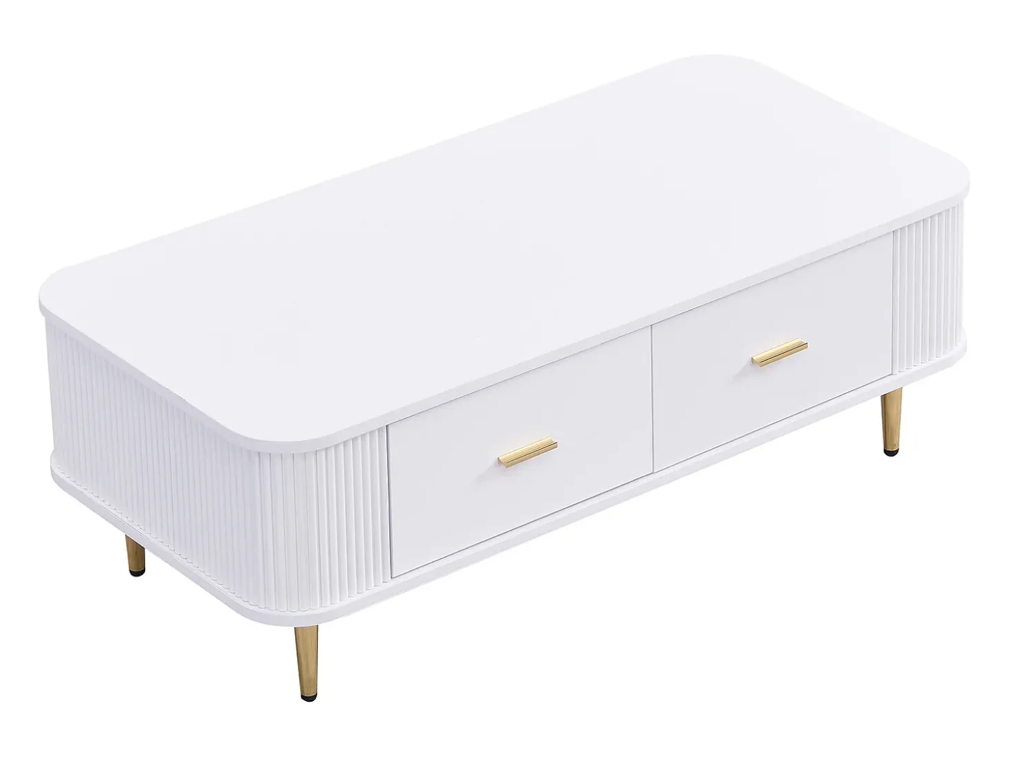 Mesa de centro con almacenaje, diseño moderno con esquinas redondeadas, MDF, blanco y dorado, 4 cajones (105 x 51 x 38 cm)