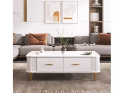 Mesa de centro con almacenaje, diseño moderno con esquinas redondeadas, MDF, blanco y dorado, 4 cajones (105 x 51 x 38 cm)
