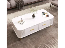Mesa de centro con almacenaje, diseño moderno con esquinas redondeadas, MDF, blanco y dorado, 4 cajones (105 x 51 x 38 cm)