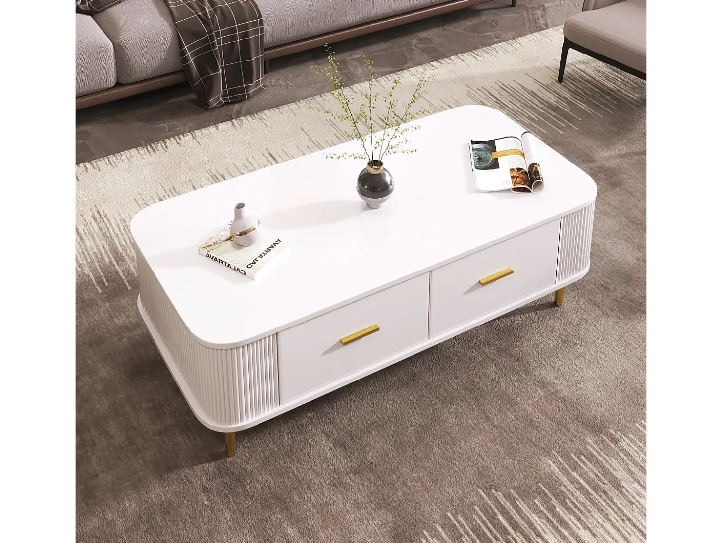 Mesa de centro con almacenaje, diseño moderno con esquinas redondeadas, MDF, blanco y dorado, 4 cajones (105 x 51 x 38 cm)