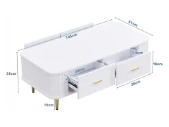 Mesa de centro con almacenaje, diseño moderno con esquinas redondeadas, MDF, blanco y dorado, 4 cajones (105 x 51 x 38 cm)