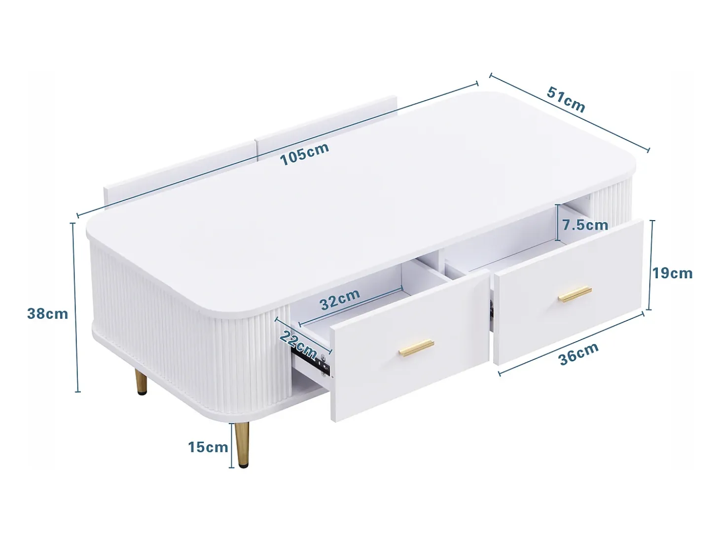 Mesa de centro con almacenaje, diseño moderno con esquinas redondeadas, MDF, blanco y dorado, 4 cajones (105 x 51 x 38 cm)