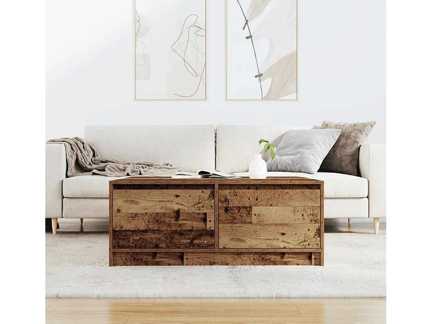 Mesa de centro con cajones madera vieja 100x100x40 cm