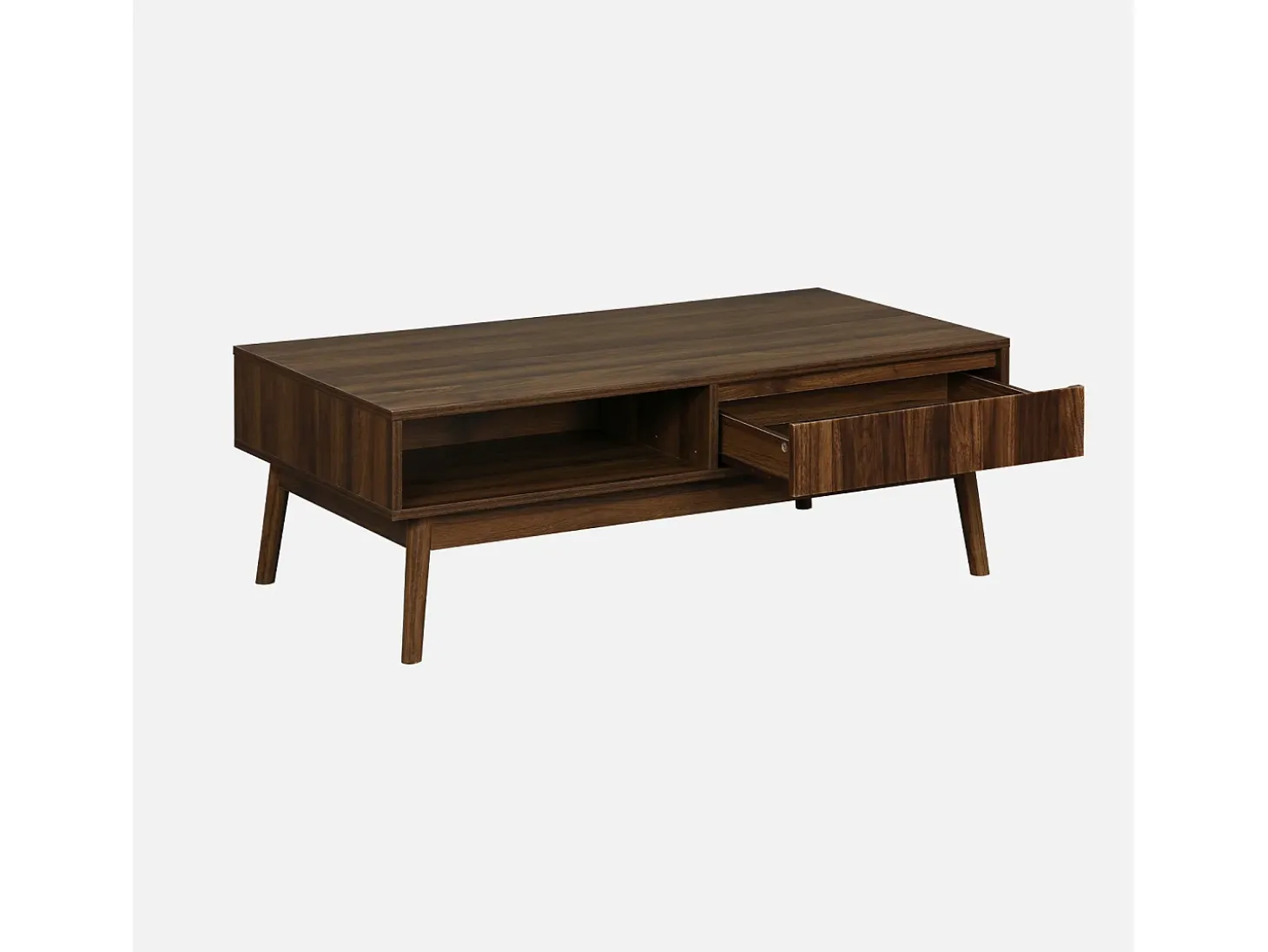 Mesa de centro con decoración de madera, 1 cajón madera oscura