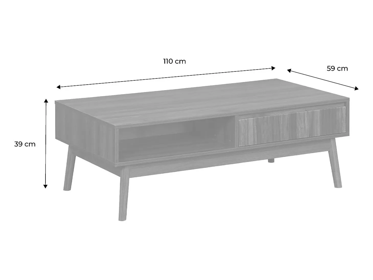 Mesa de centro con decoración de madera, 1 cajón madera oscura