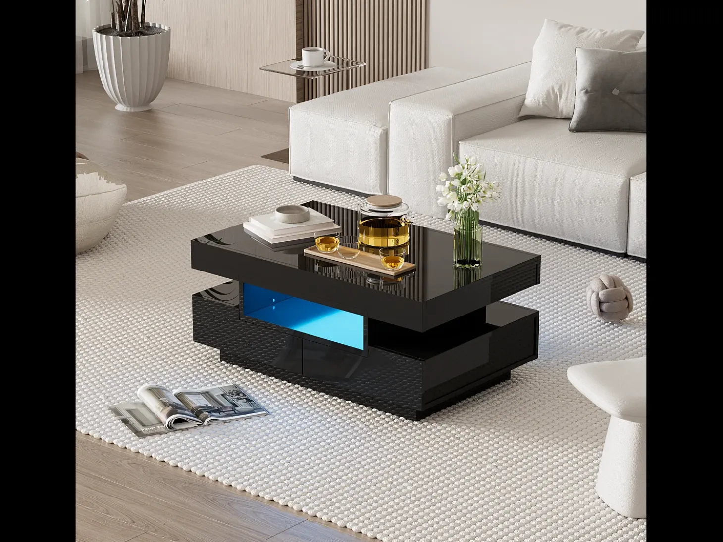 Mesa de centro con iluminación LED y 4 cajones - Acabado brillo - Madera PB negra
