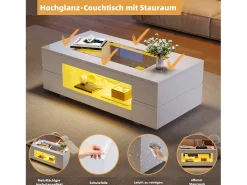 Mesa de centro con LED - 100 x 50 x 35 cm - Mesa de doble capa con Bluetooth - Tablero aglomerado + cristal templado - blanco