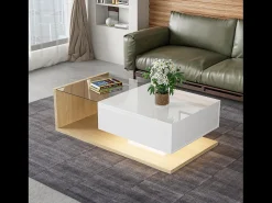 Mesa de centro con LED - vidrio y tableros de partículas - Natural