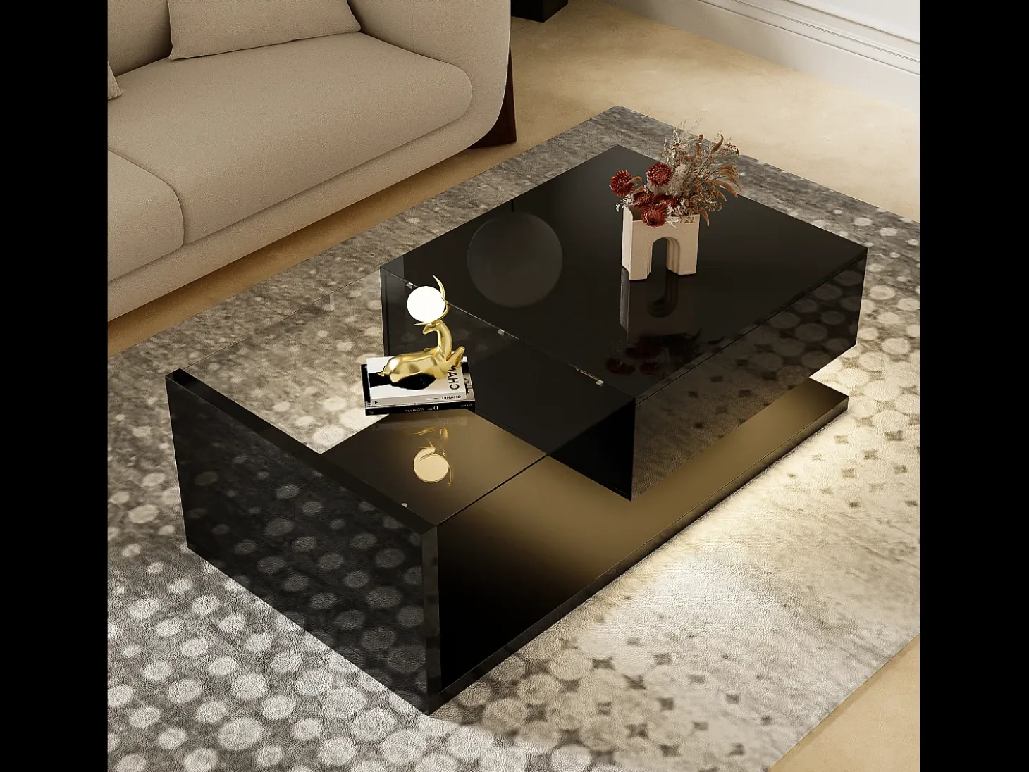 Mesa de centro con LED - vidrio y tableros de partículas - Negro