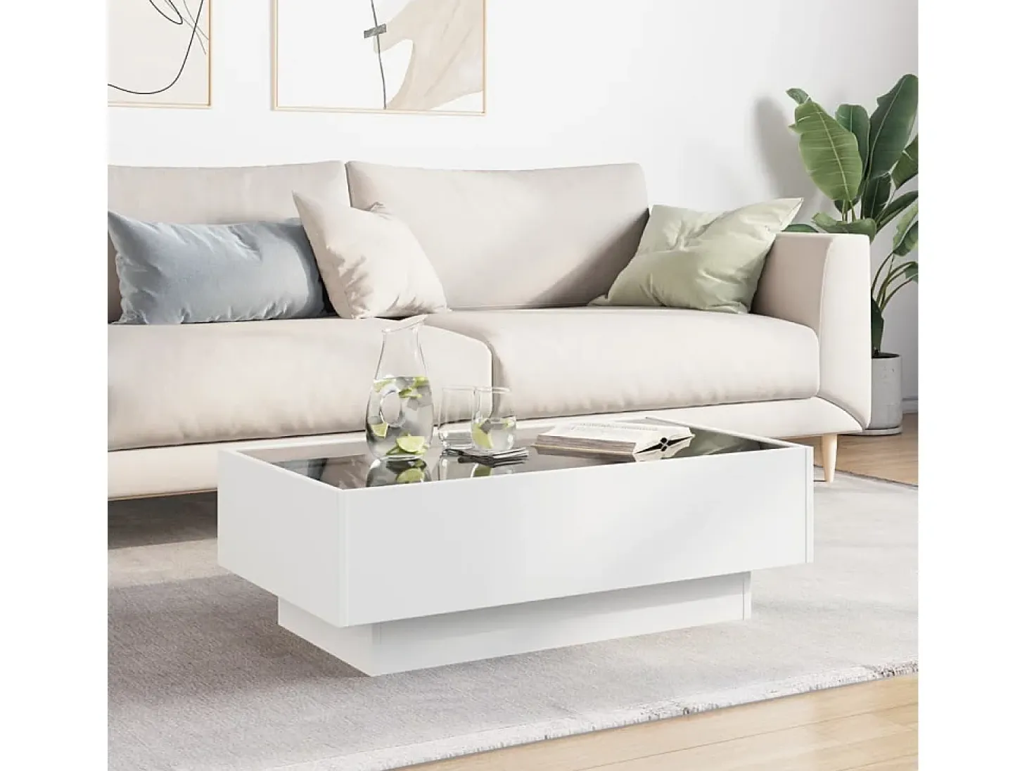 Mesa de centro con LED madera de ingeniería blanca 90x50x30 cm