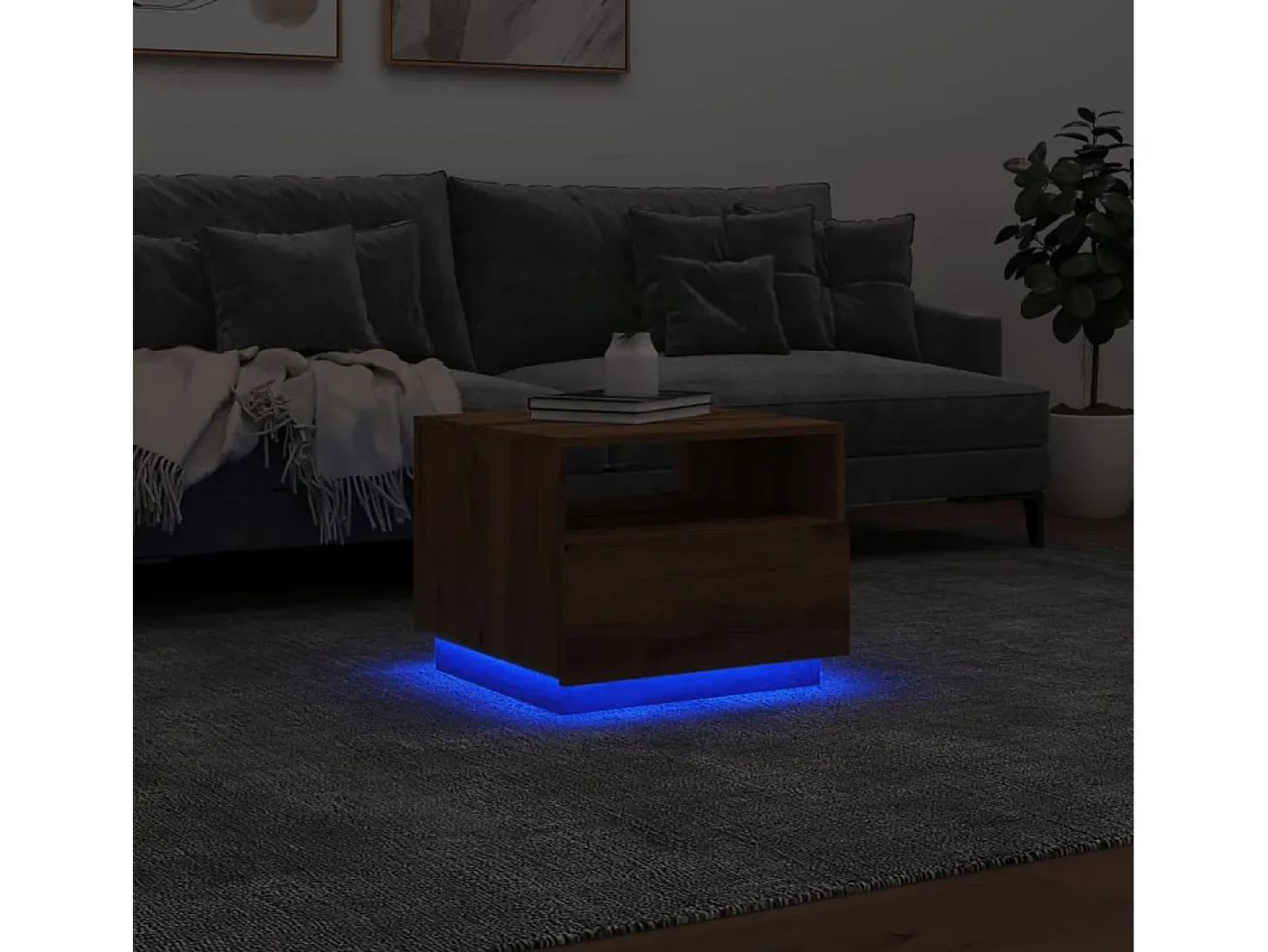 Mesa de centro con luces LED roble artesanal 50x49x40 cm